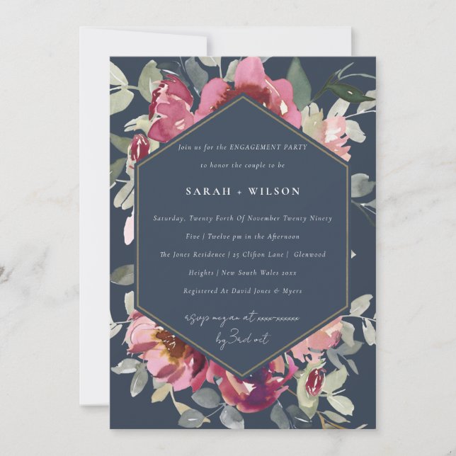 NAVY BLUSH BURGUNDY ROSE FLORAL VERLOBUNG EINLADEN DANKESKARTE (Vorderseite)