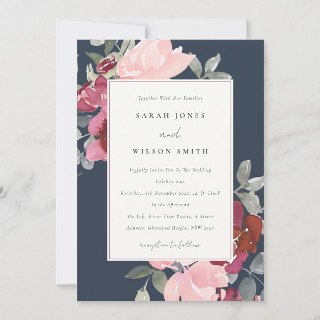 NAVY BLUSH BURGUNDY ROSE FLORAL WEDITE EINLADUNG (Vorderseite)