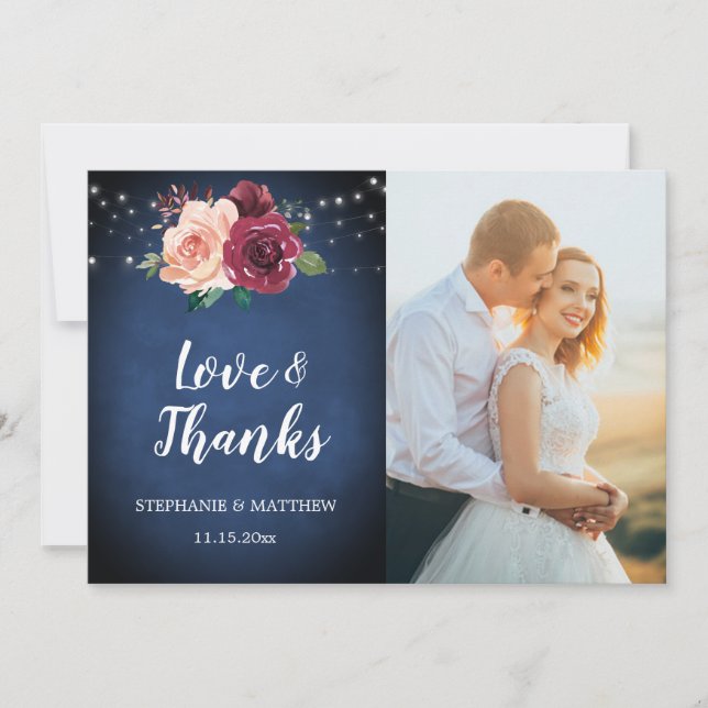 Navy Blush Burgundy Rose Lights Foto Hochzeit Dankeskarte (Vorderseite)
