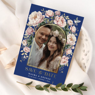 Navy Blush Chinoiserie Blumen Foto Save-the-Date-K Folieneinladung