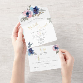 Navy & Blush Floral All in One Wedite Einladung