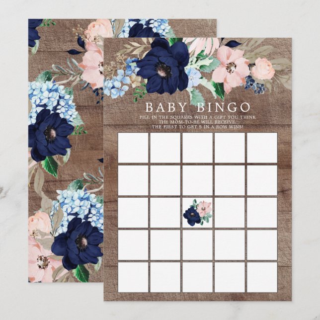 Navy & Blush Floral BINGO Babyduschenspiel Einladung (Vorne/Hinten)