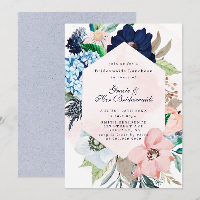 Navy Blush Floral Bridesmaids Luncheon Einladungen (Vorne/Hinten)