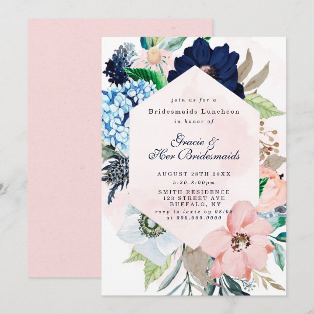 Navy Blush Floral Bridesmaids Luncheon Einladungen (Vorne/Hinten)