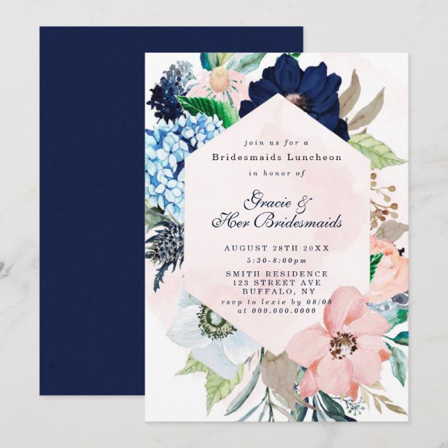 Navy Blush Floral Bridesmaids Luncheon Einladungen (Vorne/Hinten)