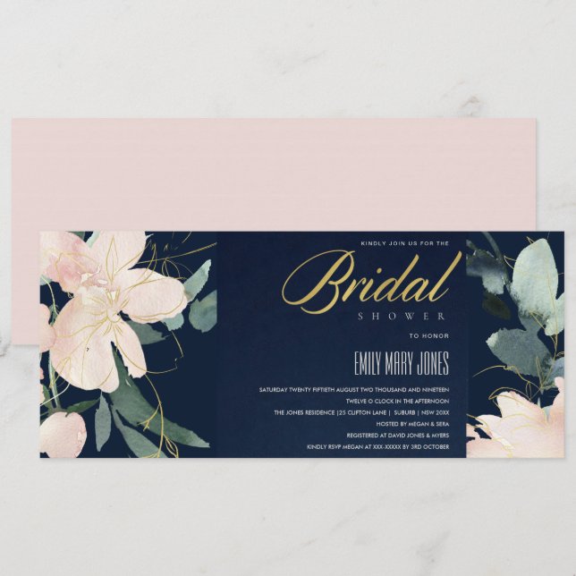 NAVY BLUSH FLORAL BUNCH WATERCOLOR BRAUTPARTY EINLADUNG (Vorne/Hinten)