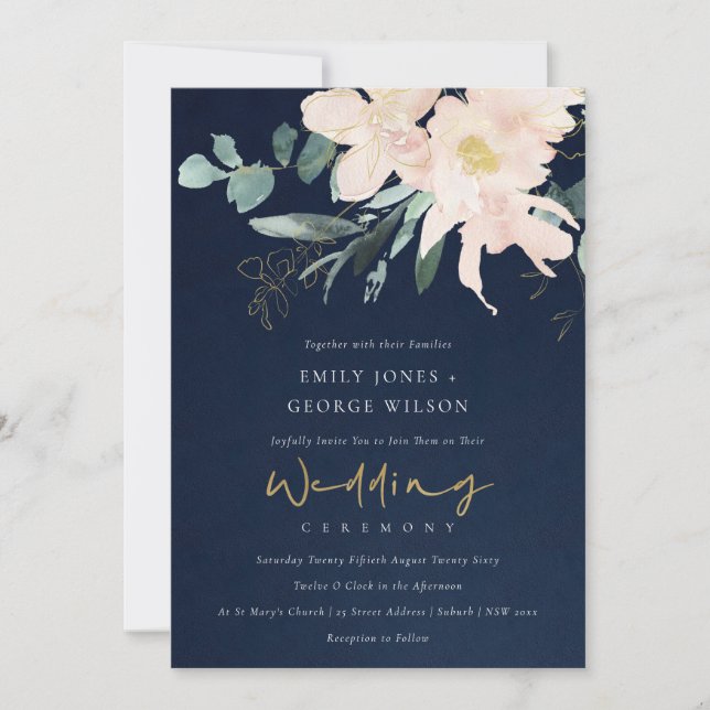 NAVY BLUSH FLORAL BUNCH WATERCOLOR WASH WEDD EINLADUNG (Vorderseite)