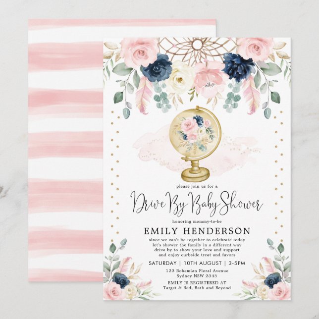 Navy Blush Floral Drive by Baby ShowQuarantäne Einladung (Vorne/Hinten)
