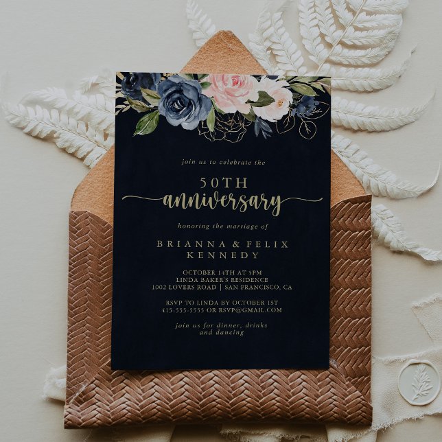 Navy Blush Floral Gold 50. Hochzeitstag Einladung (Von Creator hochgeladen)