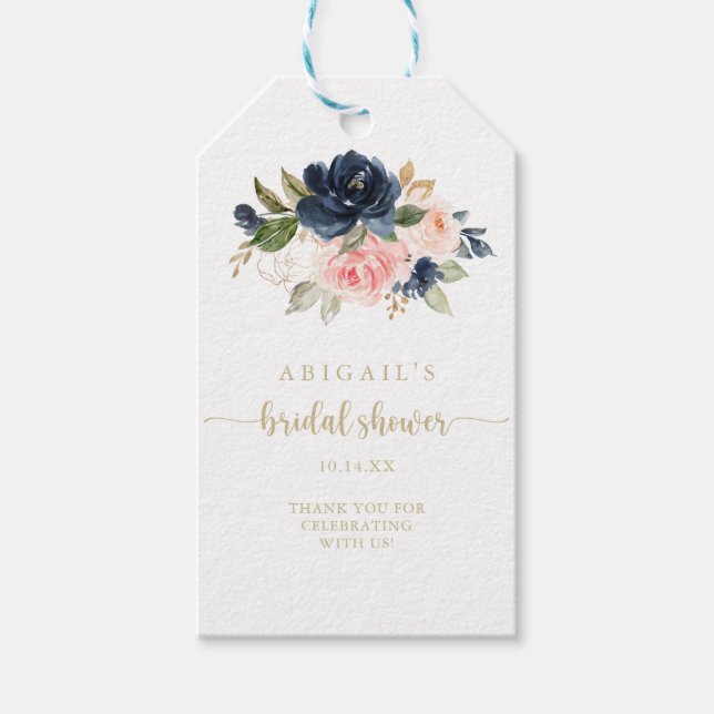 Navy Blush Floral Gold Brautparty Geschenkanhänger (Vorderseite)