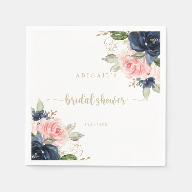 Navy Blush Floral Gold Brautparty Napkins Serviette (Vorderseite)