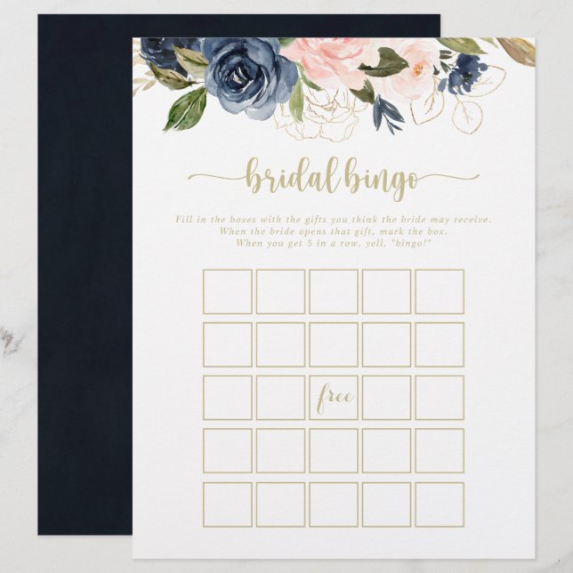 Navy Blush Floral Gold Bridal Bingo Spiel (Vorne/Hinten)