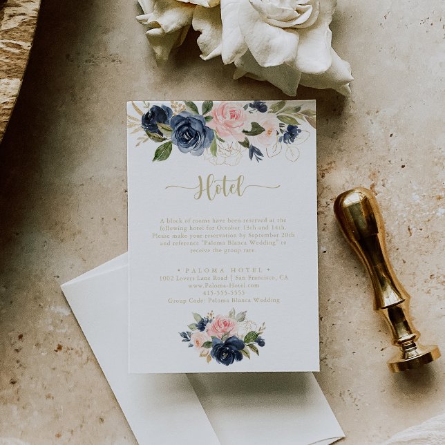 Navy Blush Floral Gold Calligraphy Hotel Begleitkarte (Von Creator hochgeladen)