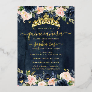 Navy Blush Floral Golden Butterfly Quinceanera Folieneinladung