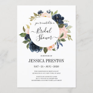 Navy Blush Floral Greenerity Blätter Brautparty Einladung