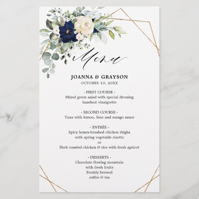 Navy Blush Floral Greenery Menu Mariage géométriqu (Devant)