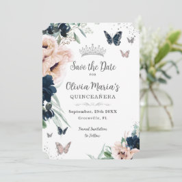 Navy Blush Floral Silberschmetterlinge Quinceañera Save The Date