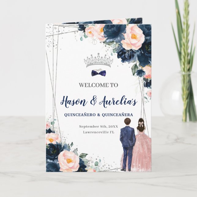 Navy Blush Floral Twins Boy Girl Quinceañera Programm (Vorderseite)