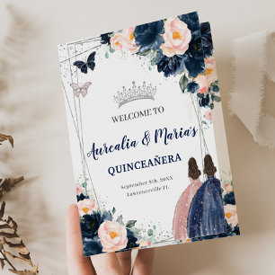 Navy Blush Floral Twins Princess Quinceañera Programm