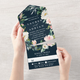 Navy Blush Floral Wreath Weddin All In One Einladung
