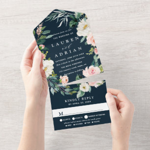 Navy Blush Floral Wreath Weddin All In One Einladung