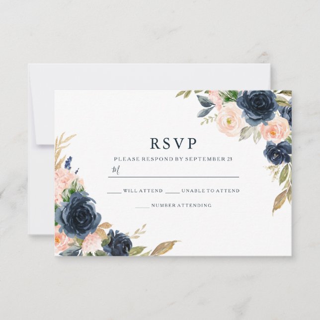 Navy & Blush Florals Elegante Hochzeit RSVP Karte (Vorderseite)