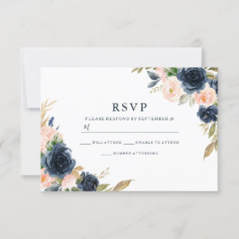 Navy & Blush Florals Elegante Hochzeit RSVP Karte