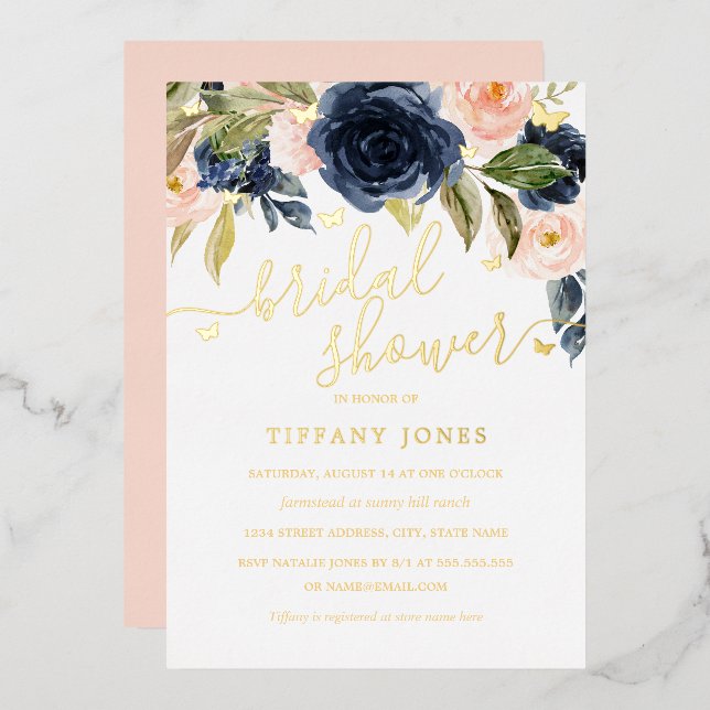 Navy Blush Gold Butterfly Brautparty Folieneinladung (Vorderseite/Rückseite)