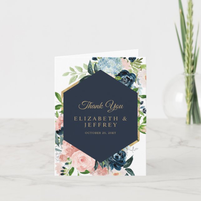 Navy Blush Gold Floral Geometric Danke Karte (Vorderseite)