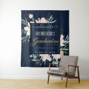 NAVY BLUSH GOLD FLORAL GRADUATION PARTY WILLKOMMEN WANDTEPPICH