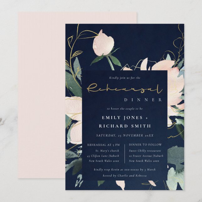 NAVY BLUSH GOLD FLORAL WATERCOLOR PROBE DINNER EINLADUNG (Vorne/Hinten)