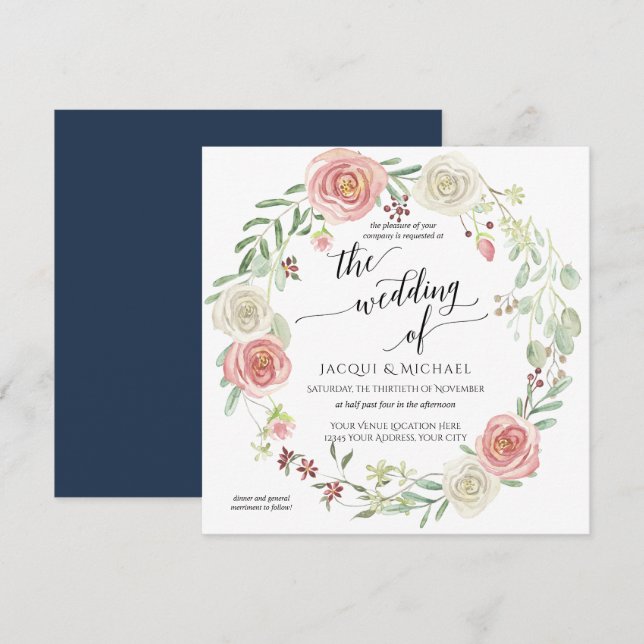 Navy Blush Ivory Rose Foliage Hochzeit Wasserfarbe Einladung (Vorne/Hinten)
