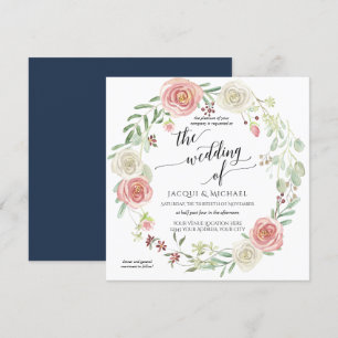 Navy Blush Ivory Rose Foliage Hochzeit Wasserfarbe Einladung