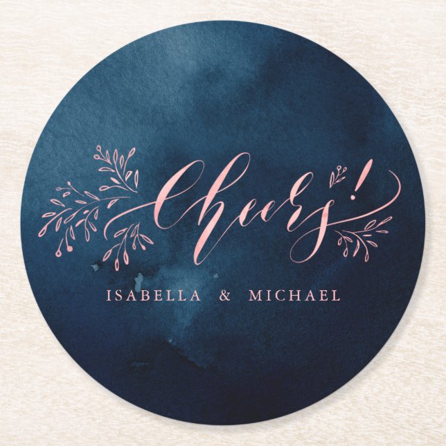 Navy Blush Kalligraphie jubelt rustikales Party Runder Pappuntersetzer (Vorderseite)