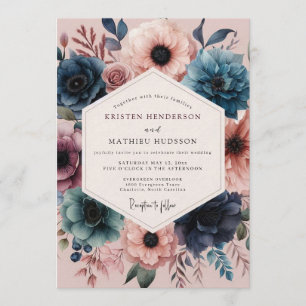 Navy Blush Lebendige Flora Hochzeit Einladung