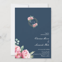 Navy Blush Peony Photo Wedding  Einladung