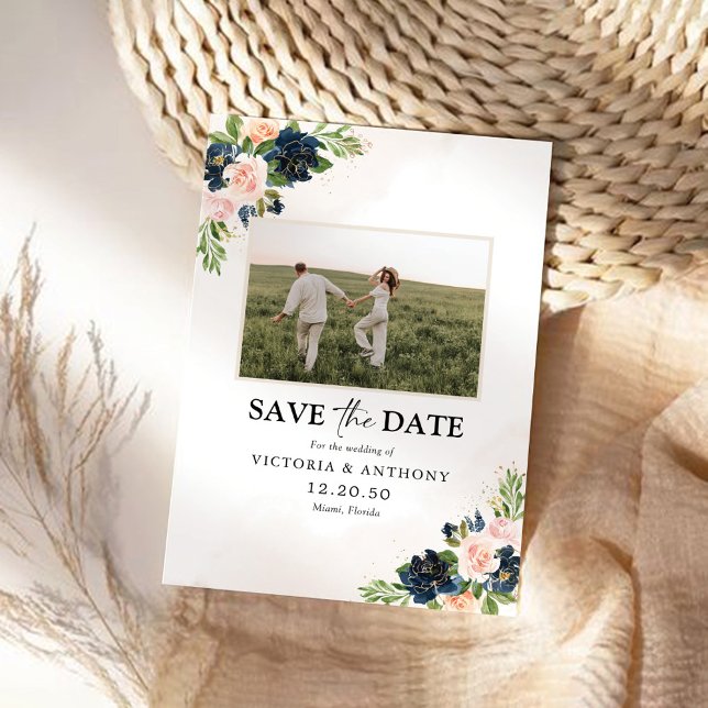 Navy & Blush Pink Bloral Save the Date mit Foto (Von Creator hochgeladen)