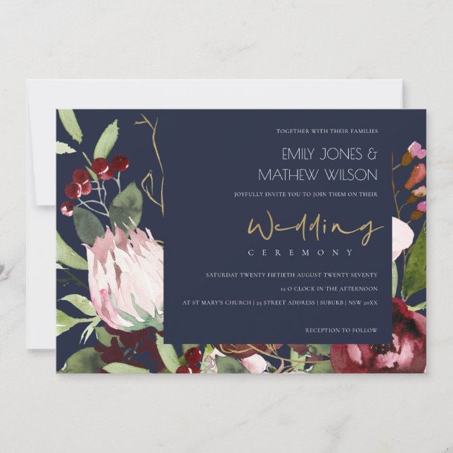 NAVY BLUSH PINK BURGUNDY PROTEA FLORAL WEDD EINLADUNG (Vorderseite)