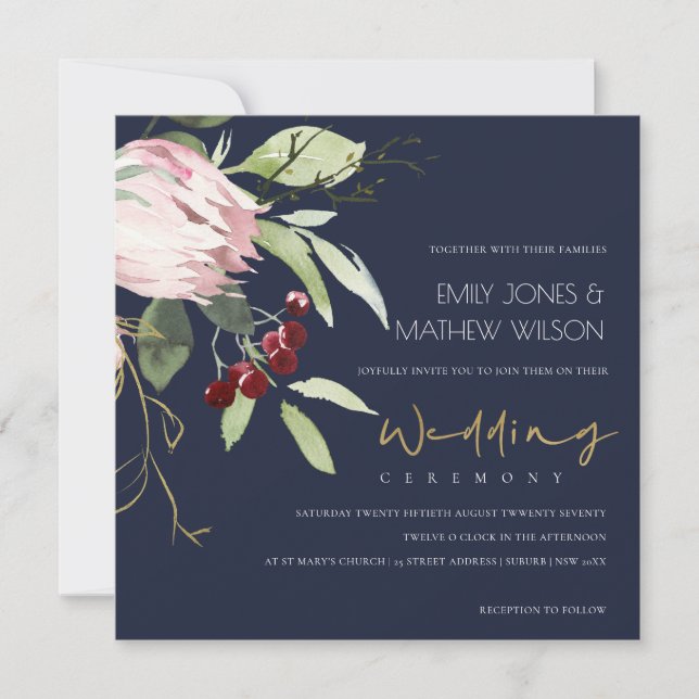 NAVY BLUSH PINK BURGUNDY PROTEA FLORAL WEDD EINLADUNG (Vorderseite)