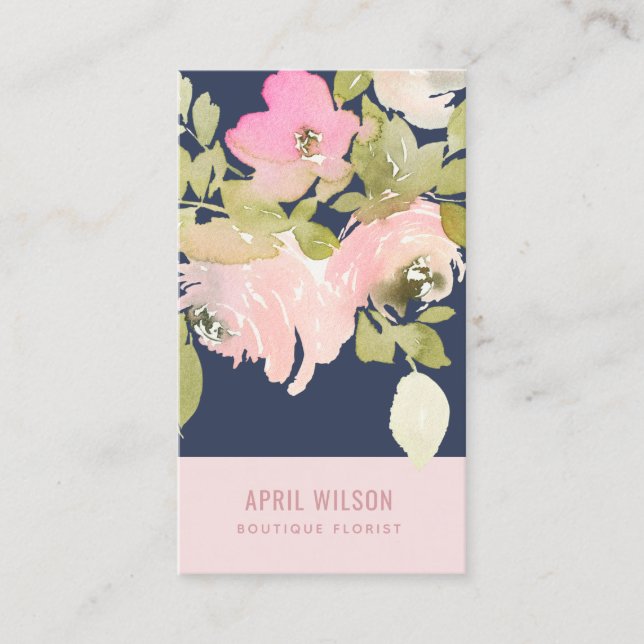 NAVY BLUSH PINK WATERCOLOR ROSE FLORAL BUNCH VISITENKARTE (Vorderseite)