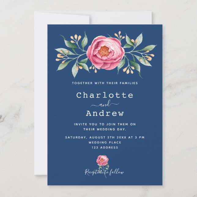 Navy Blush Rosa Blütenblütenhochzeit Einladung (Vorderseite)