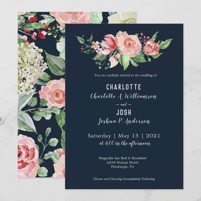 Navy Blush Rose Bauernhof Boho Wedding Einladung (Vorne/Hinten)