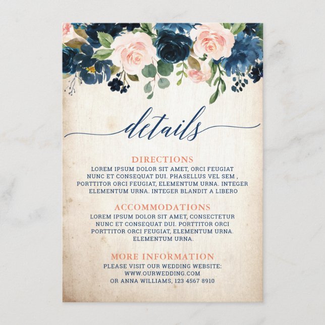 Navy Blush Rose Boho Rustic Wedding Details Begleitkarte (Vorderseite)