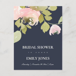 NAVY BLUSH ROSE WATERCOLOR FLORAL BRAUTPARTY EINLADUNGSPOSTKARTE