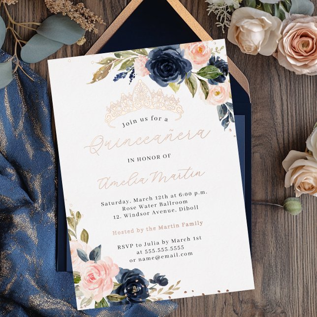 Navy Blush Rosen Gold Quinceanera Folieneinladung (Von Creator hochgeladen)