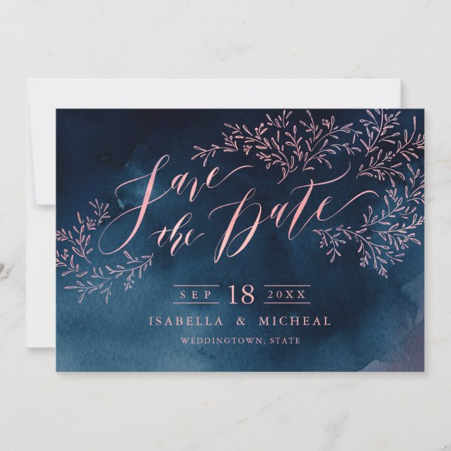 Navy Blush rustikale Blumenkalligraphie Save the D Date (Vorderseite)