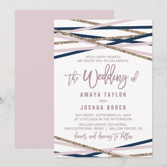 Navy Blush und Gold streamen die Hochzeit von Einladung (Vorne/Hinten)