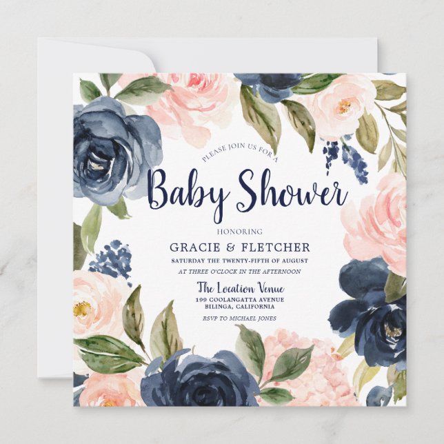 Navy Blush Watercolor Blume Kinderdusche Einladung (Vorderseite)