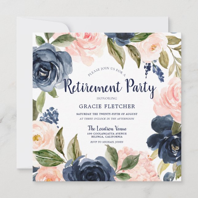 Navy Blush Watercolor Blume Ruhestand Party Einladung (Vorderseite)