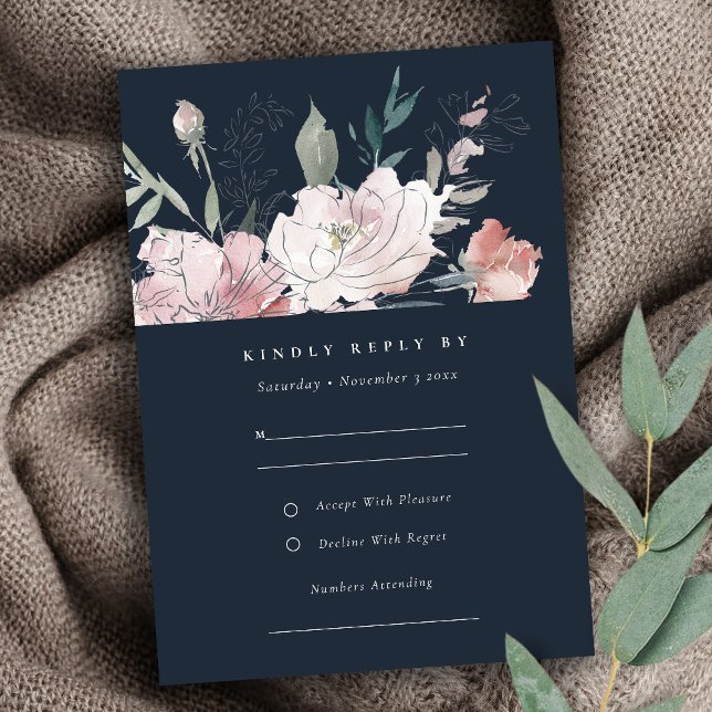 Navy Blush Watercolor Floral Wedding Details RSVP Karte (Von Creator hochgeladen)